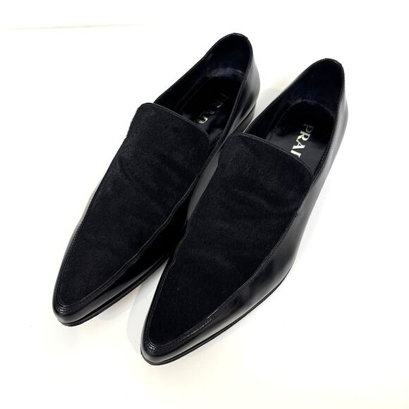 PRADA Black Patent Leather Combination Calf Hair Point Toe Loafer 10 Pony Shoes main image 5